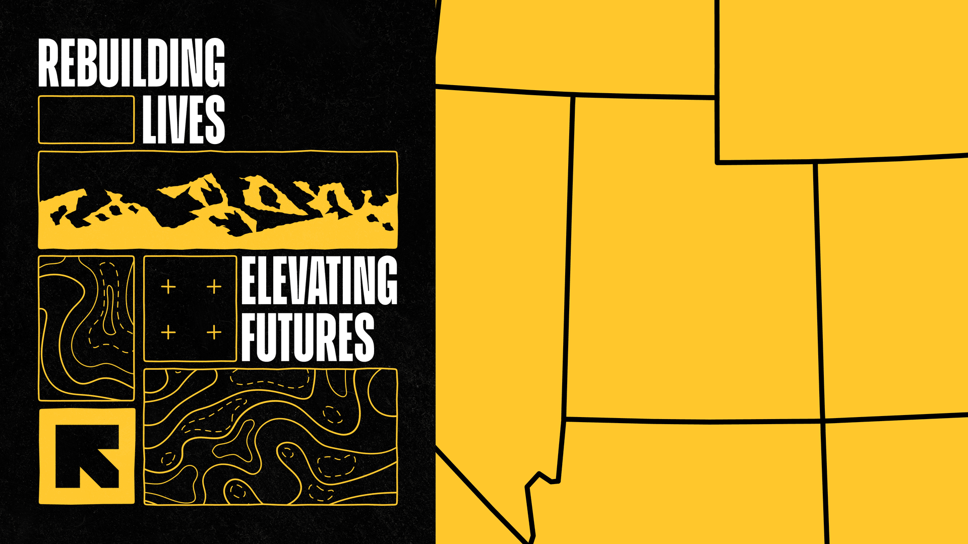 The Rebuilding Lives, Elevating Futures event key art set against a yellow map of Utah
