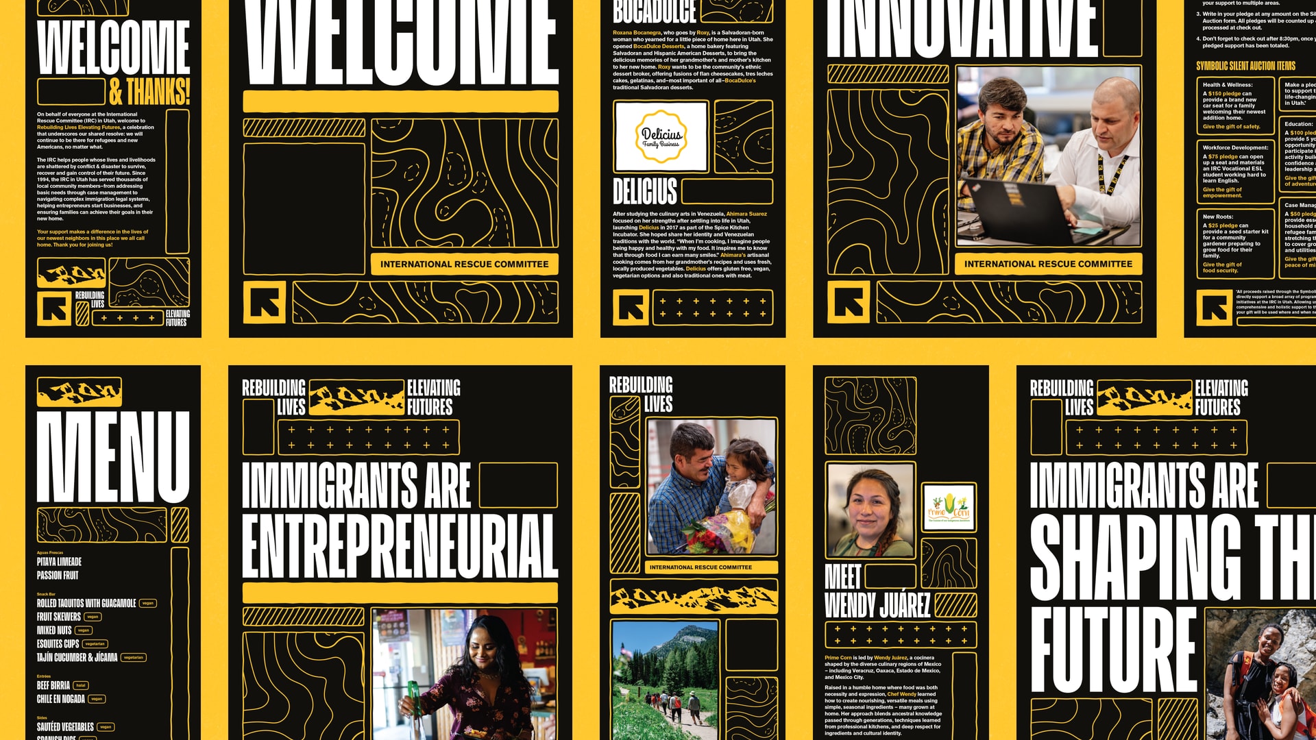 The printed collateral system — welcome program, dinner menu, sponsor spotlights, and immigrant story panels